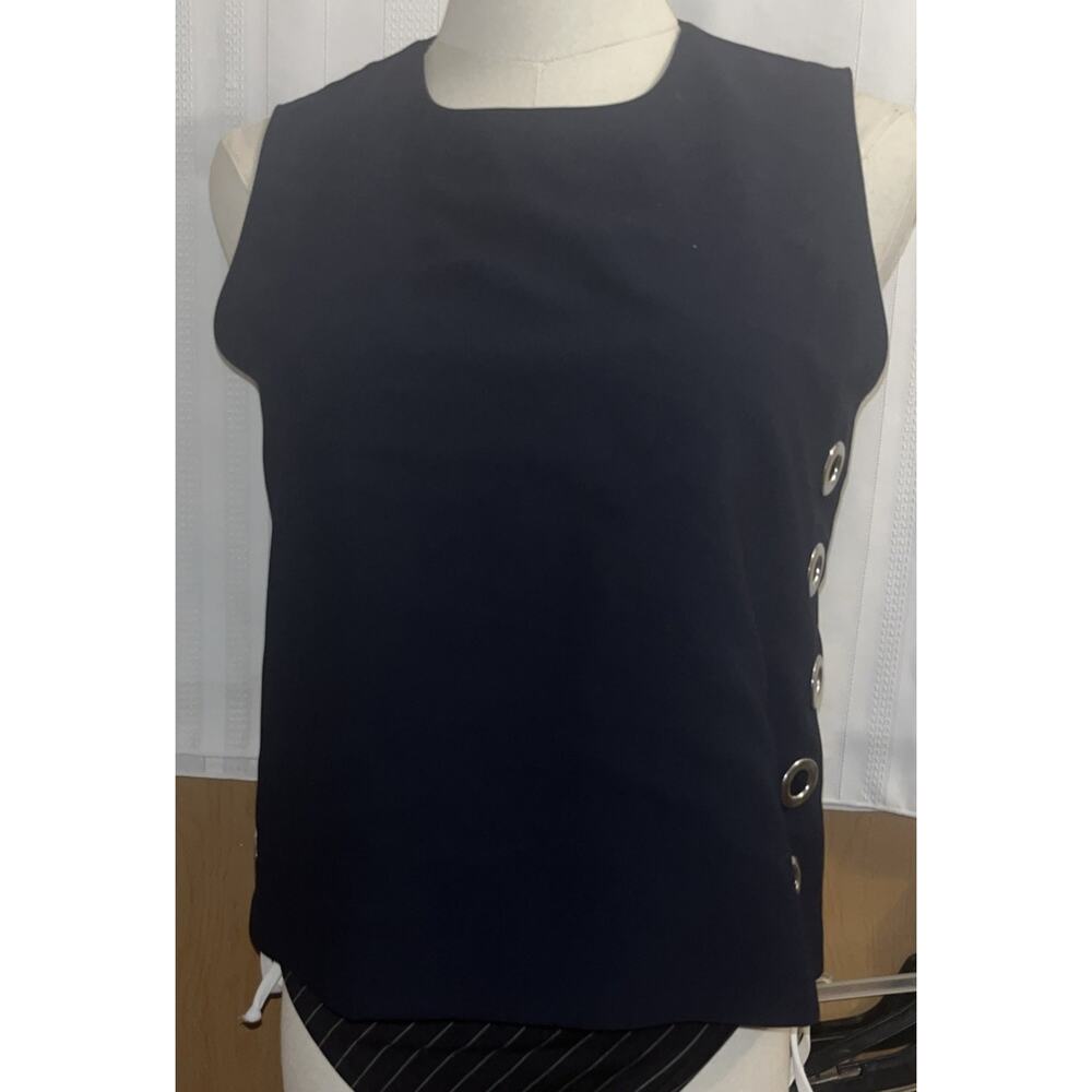 CARMEN MARC VALVO WOMEN'S Dark Blue SLEEVELESS TOP XS Zip Back,Silver Grommets
